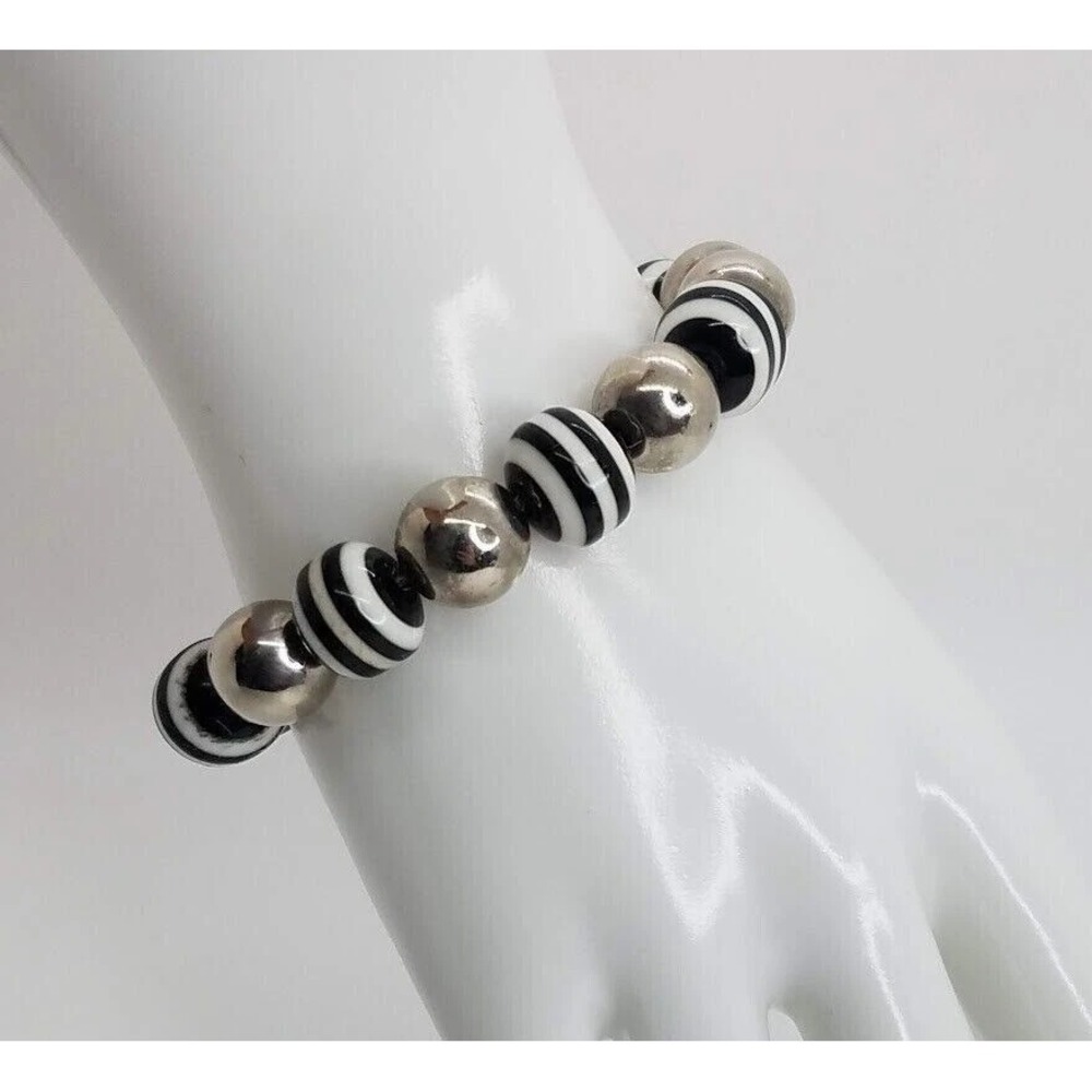 Chic Black White Stripe‎ Silver Tone Beaded Stretch Bracelet Fashion Jewelry